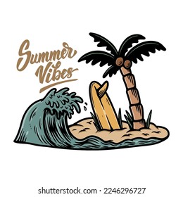 Illustration of palm with wave and surfing deck. Vector illustration