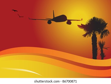 illustration with palms and plane at sunset