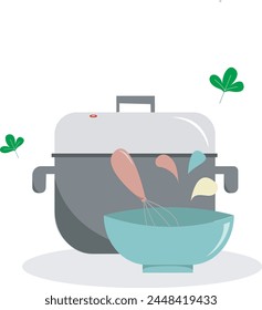 illustration pan and bowl of cake with fuê