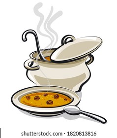 illustration of the pan and plate with a hot soup