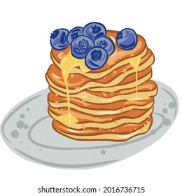 Illustration of a pancake. Vector a hill of pancakes with berries on a plate. Bright breakfast drawing. A sketch of food on a transparent background. Sticker for dessert
