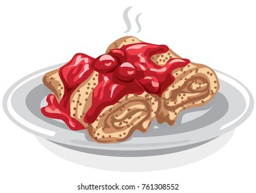 illustration of pancakes with cherry jam on plate