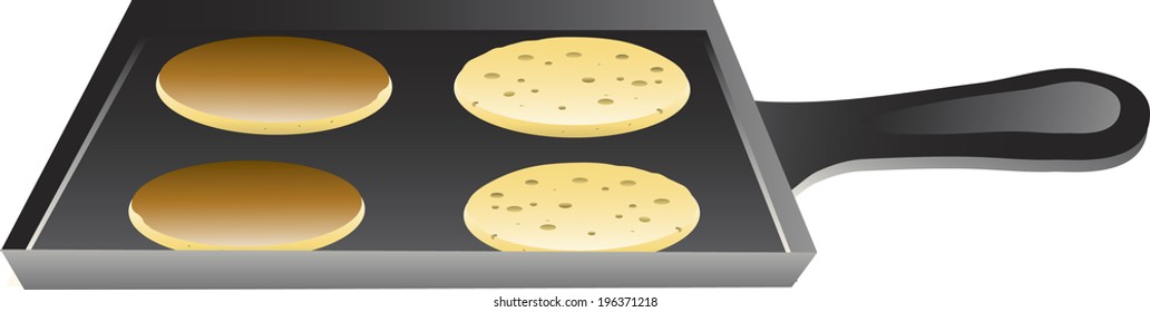 Illustration of pancakes cooking on a griddle pan