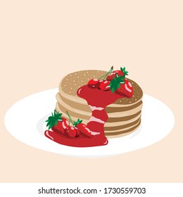 Illustration of pancakes with jam and berries. Vector image, eps 10