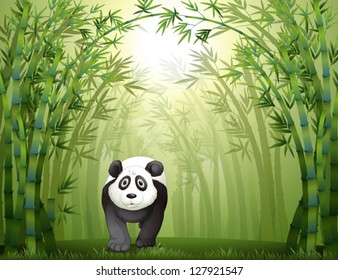 Illustration of a panda bear walking in a bamboo forest