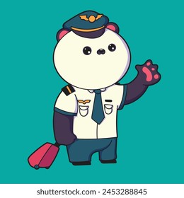 illustration of a panda being an airplane pilot with a suitcase in his hand.