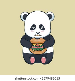 Illustration of panda eating hamburger very cute