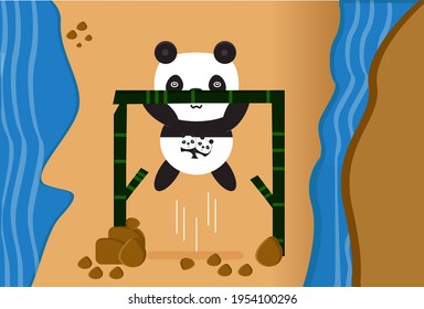 illustration of a panda exercising on the beach vector graphic