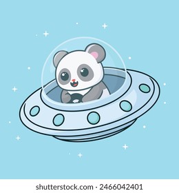 illustration of a panda exploring the galaxy using a UFO vehicle