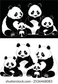 illustration with panda family in bamboo plants isolated on white and black background