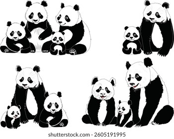 illustration with panda family isolated on white and black background
