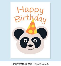 Illustration with a panda in a festive hat. Birthday greeting card. Doodle style. Vector illustration
