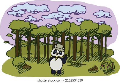 Illustration Of A Panda In A Forest Against A Colorful Landscape. Exploring Nature, Tall Trees, Landscape, Animals. For Your Design