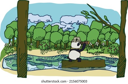 Illustration of a panda in the forest by the river on the background of a colorful landscape. Exploring nature, forest, reflection, river rafting, animals. For your design