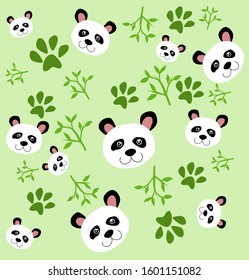 illustration of panda head,bamboo and footprint of panda pattern background