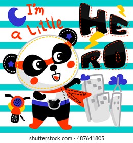 Illustration of panda hero cartoon /Panda boy standing beside motorcycle /Vector print for children wear.