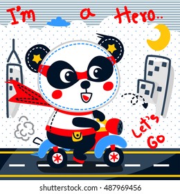 Illustration of panda hero cartoon /Panda boy riding motorcycle in the city /Vector print for children wear.