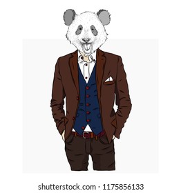 Illustration of panda hipster dressed up in jacket, pants and sweater. Vector illustration
