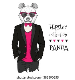Illustration of panda hipster dressed up in jacket, pants and sweater. Vector illustration