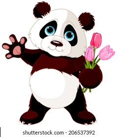 Illustration of Panda holding bouquet of tulips