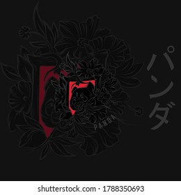 illustration of a panda logo with a rose decoration and a black background supporting the t-shirt design