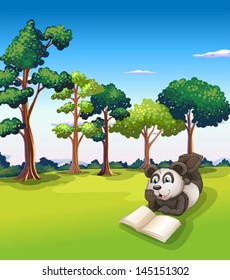 Illustration of a  panda lying at the grass while reading a book