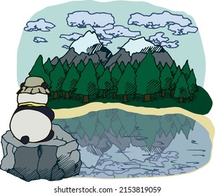 Illustration of a panda in the mountains by the lake on the background of a colorful landscape. Exploring nature, mountains, reflection, spruce forests, landscape, animals. For your design
