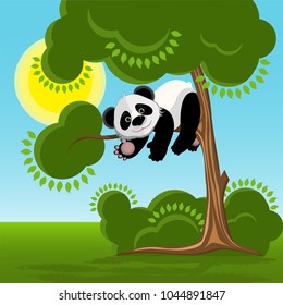 Illustration Panda on the Tree on the Background of the Blue Sky