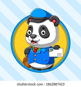 The illustration of the panda postman with the blue uniform and holding the letter