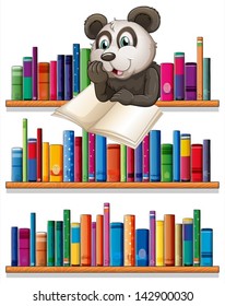 Illustration of a panda reading above the wooden shelf with books on a white background