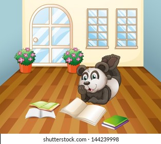 Illustration of a panda reading inside the house