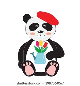 Illustration of a panda in a red beret holding a bouquet of tulips in a watering can