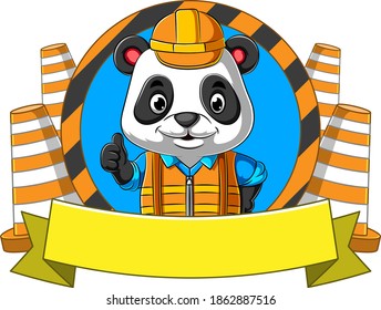 The illustration of the panda road technician standing around the traffic cone for the mascot inspiration