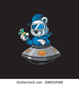 Illustration of a panda robot. Ufo and holding money. robot panda standing on ufo. Vector cartoon style for t-shirt, sticker, web or poster design
