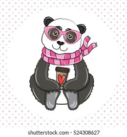 Illustration of a panda in a scarf and sunglasses. Panda drinks coffee.
