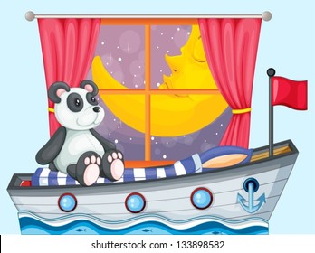 Illustration of a panda sitting above the boat beside a window