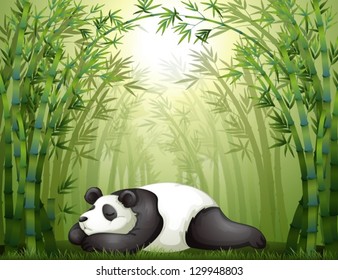 Illustration of a panda sleeping between the bamboo trees