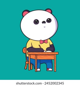 Illustration of a panda studying, sitting on his desk. holding a pen and book on his desk.