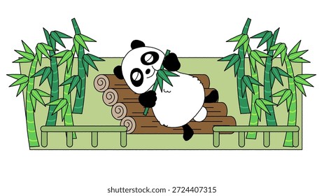 Una ilustración de un panda tomando una siesta en un bosque de bambú.