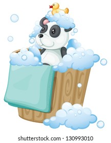 Illustration  panda toy   rubber duck inside pail white background