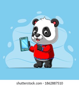 The illustration of the panda using the red sweater holding the new smartphone in his hands