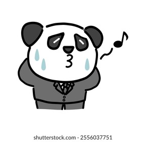 An illustration of a panda wearing a suit whistling with an anxious look on his face.