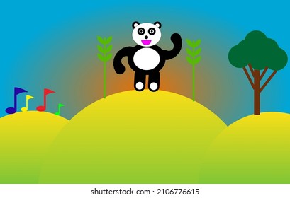 An illustration with pandas, musical notes, and trees, Perfect for books and magazines.