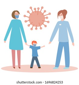 
illustration with pandemic fear illness mask for medical design. Vector - sick woman and child. Coronavirus outbreak concept. 
pandemic protection. Cartoon vector illustration. Love concept.