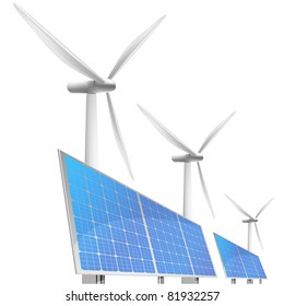 illustration of panels with solar cells and reflection and wind generators in behind, eps8 vector