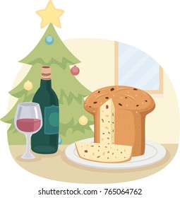 Illustration of a Panettone Bread with a Bottle and a Glass of Wine Served on the Christmas Table