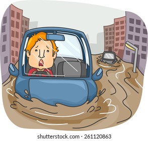 Illustration of a Panicking Man Caught in the Middle of a Flash Flood 