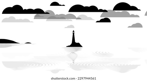 Illustration of a panoramic silhouette of a lighthouse in the middle of the sea