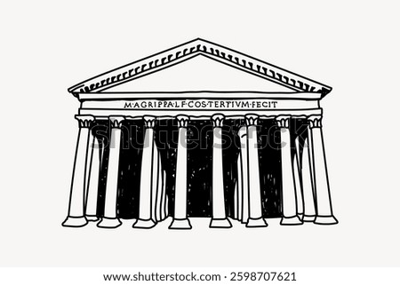 Illustration of the Pantheon, showcasing its iconic columns and ancient Roman architecture. The Pantheon is a symbol of Roman history and architecture. Doodle illustration vector.