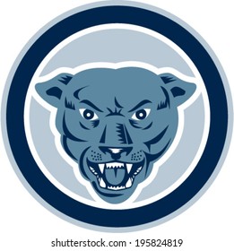 Illustration of panther black cat head facing front growling angry set inside a circle on isolated background done in retro style.